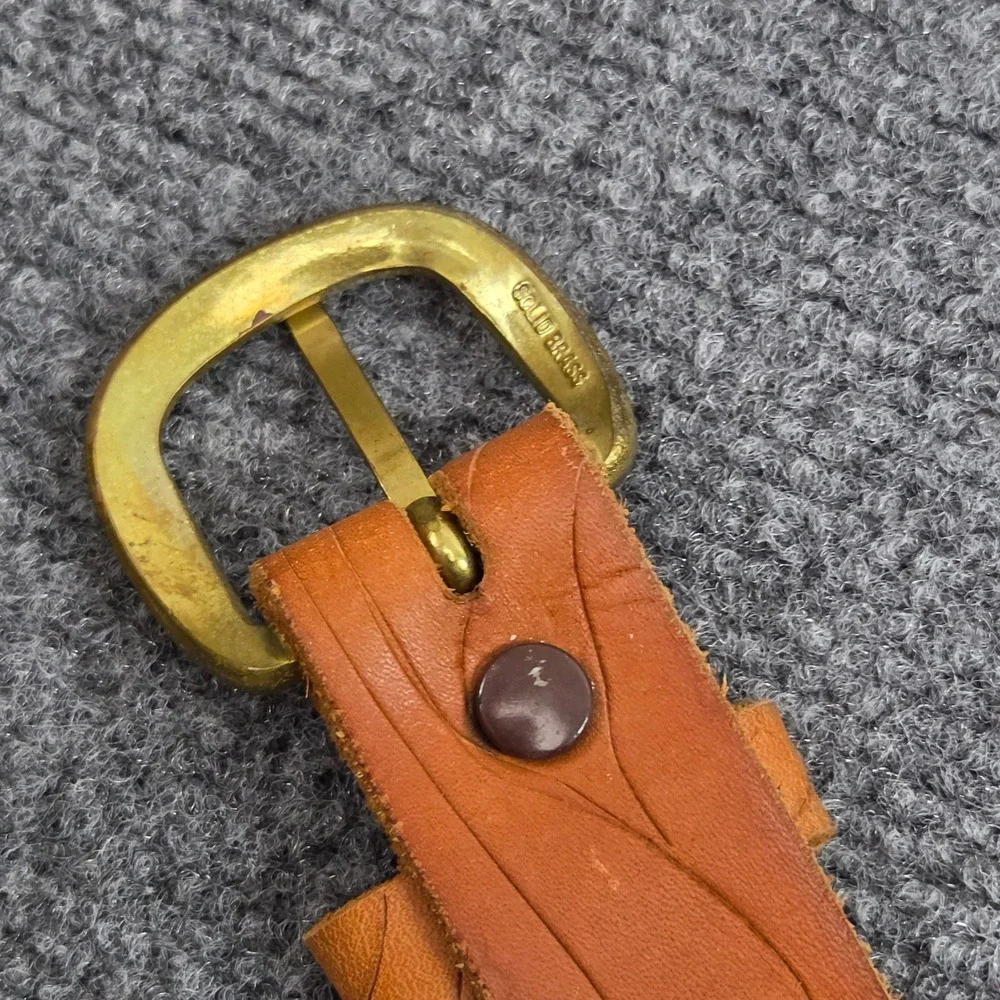 Vintage Leather Belt Mens 34 Tan Western Wood Grain Embossed Brass Buckle 90s